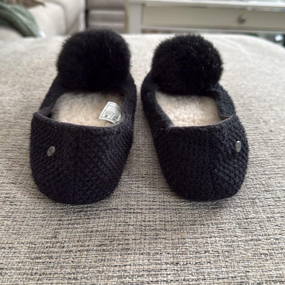 UGG Black Knit Slippers with Pom Pom - Picture 3 of 7